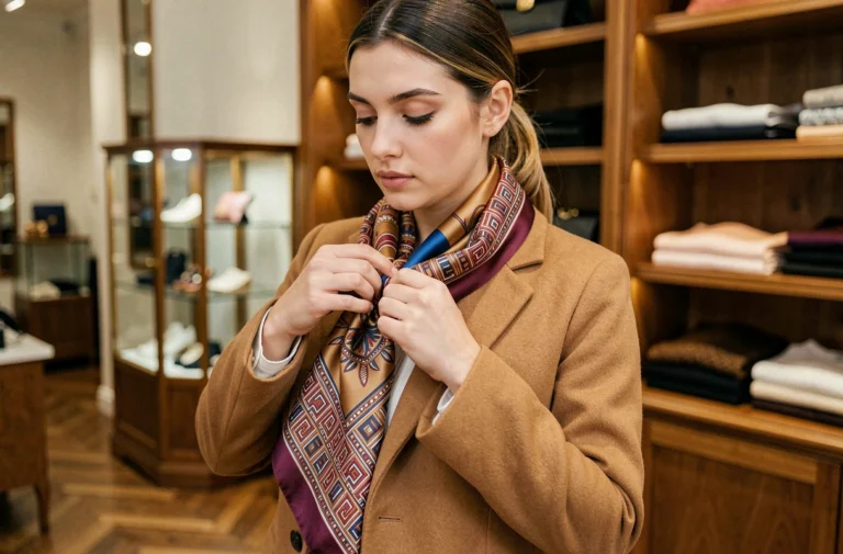 Jeune femme ajustant un foulard en soie géométrique sur un manteau camel dans une boutique d'accessoires parisienne