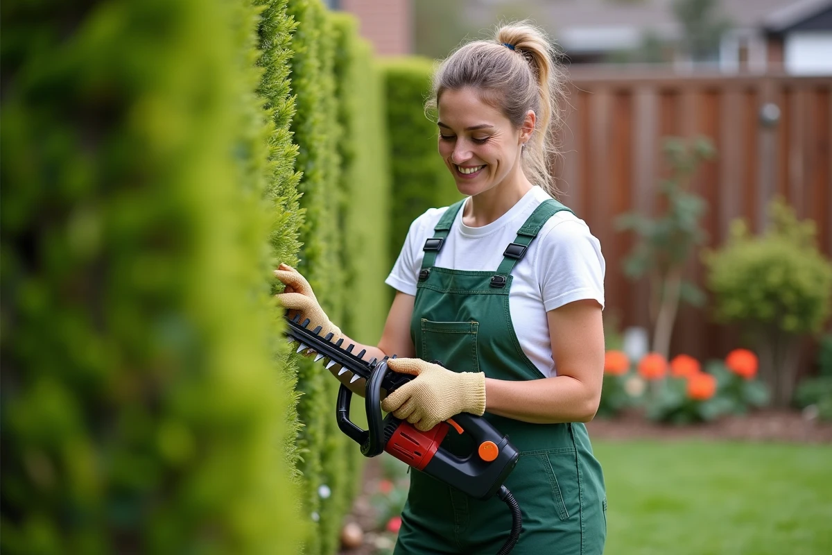 Femme examinant une tondeuse électrique dans le jardin