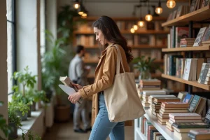 Femme élégante dans une librairie parisienne chaleureuse