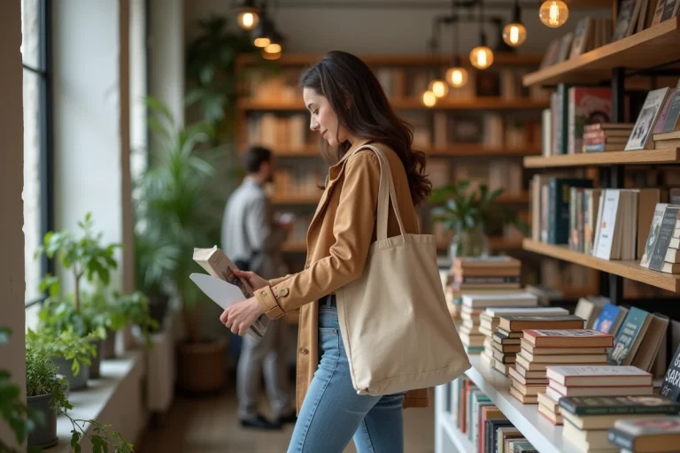 Femme élégante dans une librairie parisienne chaleureuse