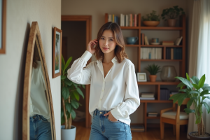 Femme regardant son reflet dans un miroir élégant dans un salon cosy