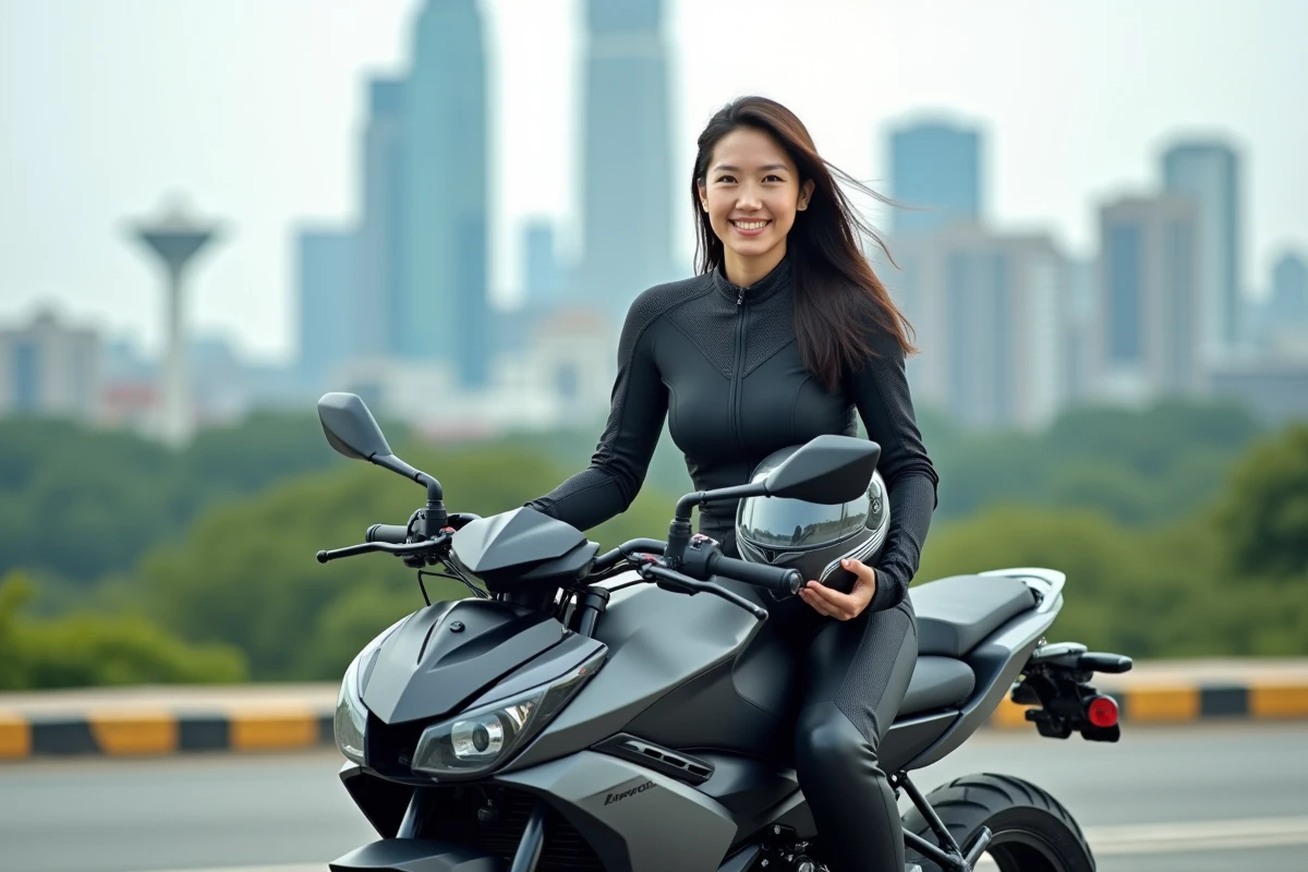 Femme souriante sur moto moderne en ville