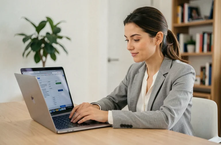 Femme consultant une offre Action Logement digitalisée sur son ordinateur portable dans un bureau à domicile moderne en 2026