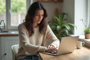 Femme utilisant un ordinateur portable dans la cuisine pour entrer un code promo