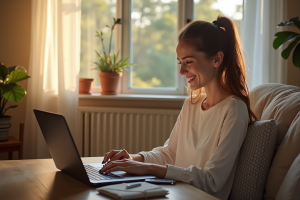 Jeune femme souriante vérifiant sa connexion internet à la maison