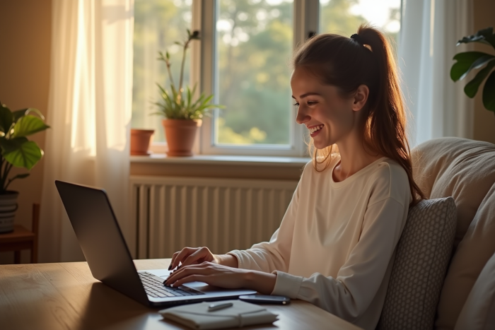 Jeune femme souriante vérifiant sa connexion internet à la maison