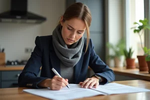 Femme en blazer remplit des papiers à la maison