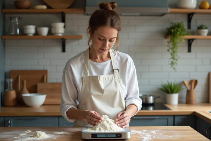 Femme mesurant de la farine dans une cuisine moderne