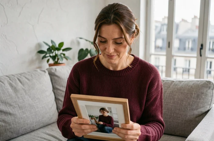 Femme tenant une photo encadrée dans un appartement moderne parisien, évoquant une histoire sentimentale personnelle