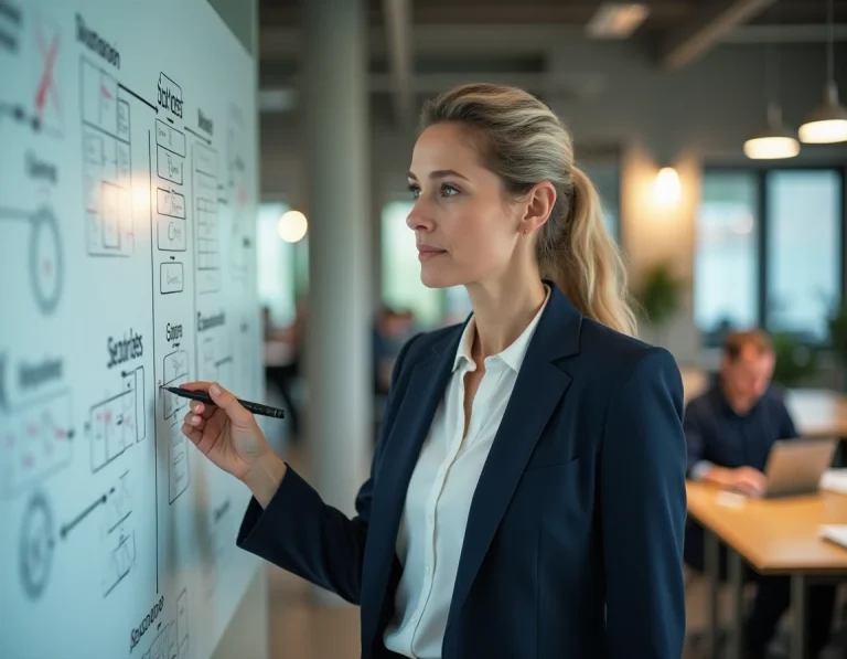 Une professionnelle élaborant un plan successif structuré sur un tableau blanc en entreprise