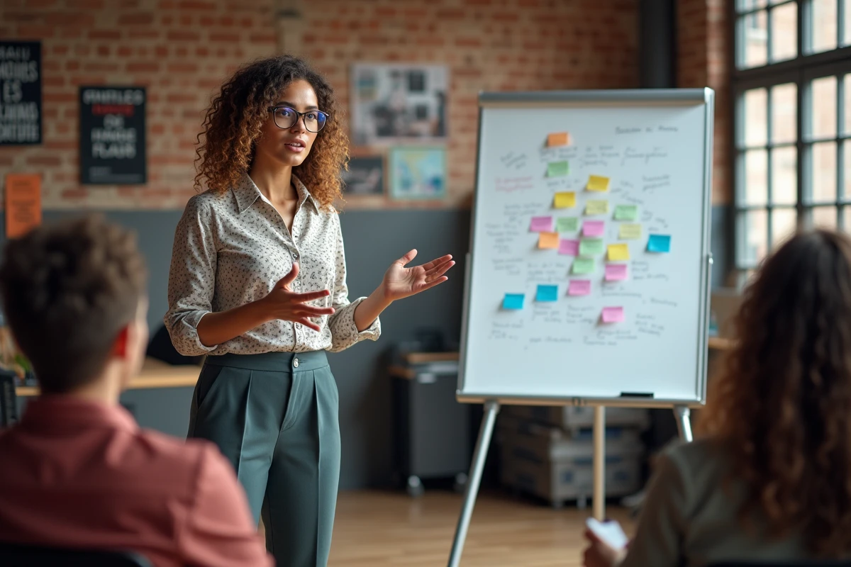 Femme en présentation avec tableau blanc dans un loft créatif