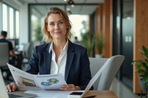 Femme professionnelle en blazer marine consultant des prestations de services dans un espace de coworking moderne