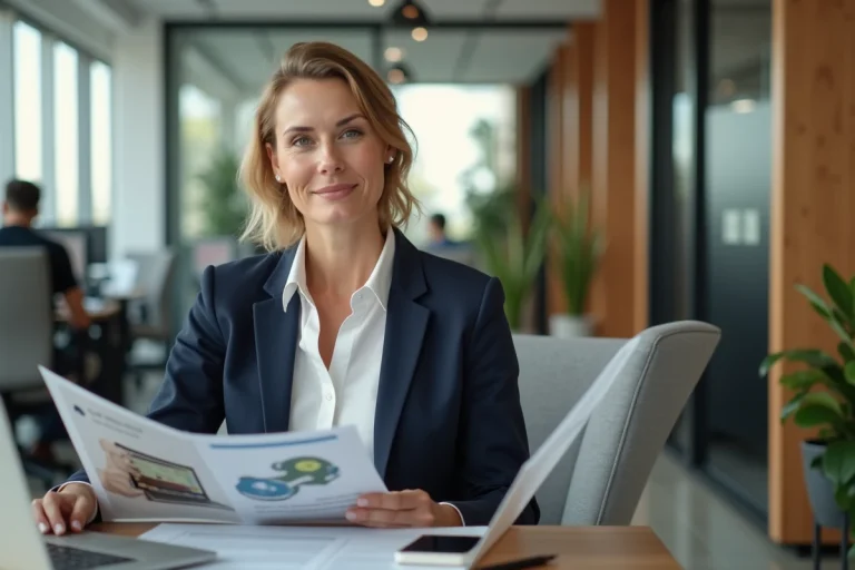 Femme professionnelle en blazer marine consultant des prestations de services dans un espace de coworking moderne