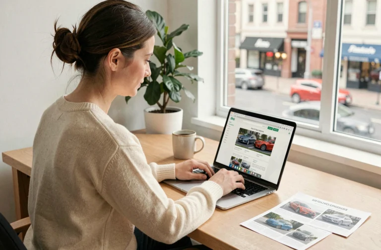 Femme consultant des tendances et bons plans automobile sur un ordinateur portable à son bureau à domicile