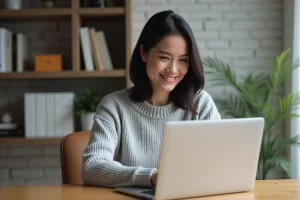 Jeune femme explorant un site de recherche d'emploi sur son ordinateur portable dans un bureau à domicile moderne