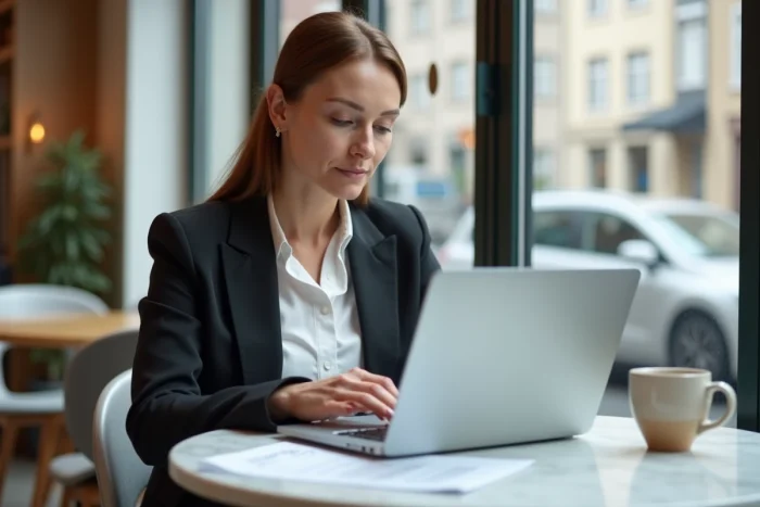 Femme d'âge mûr révisant son CV et utilisant un ordinateur portable dans un café moderne pour optimiser sa recherche d'emploi