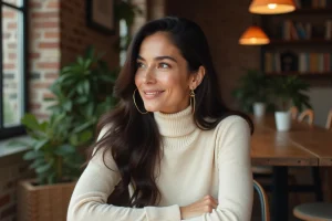 Femme dans un salon moderne et chaleureux avec un pull en laine