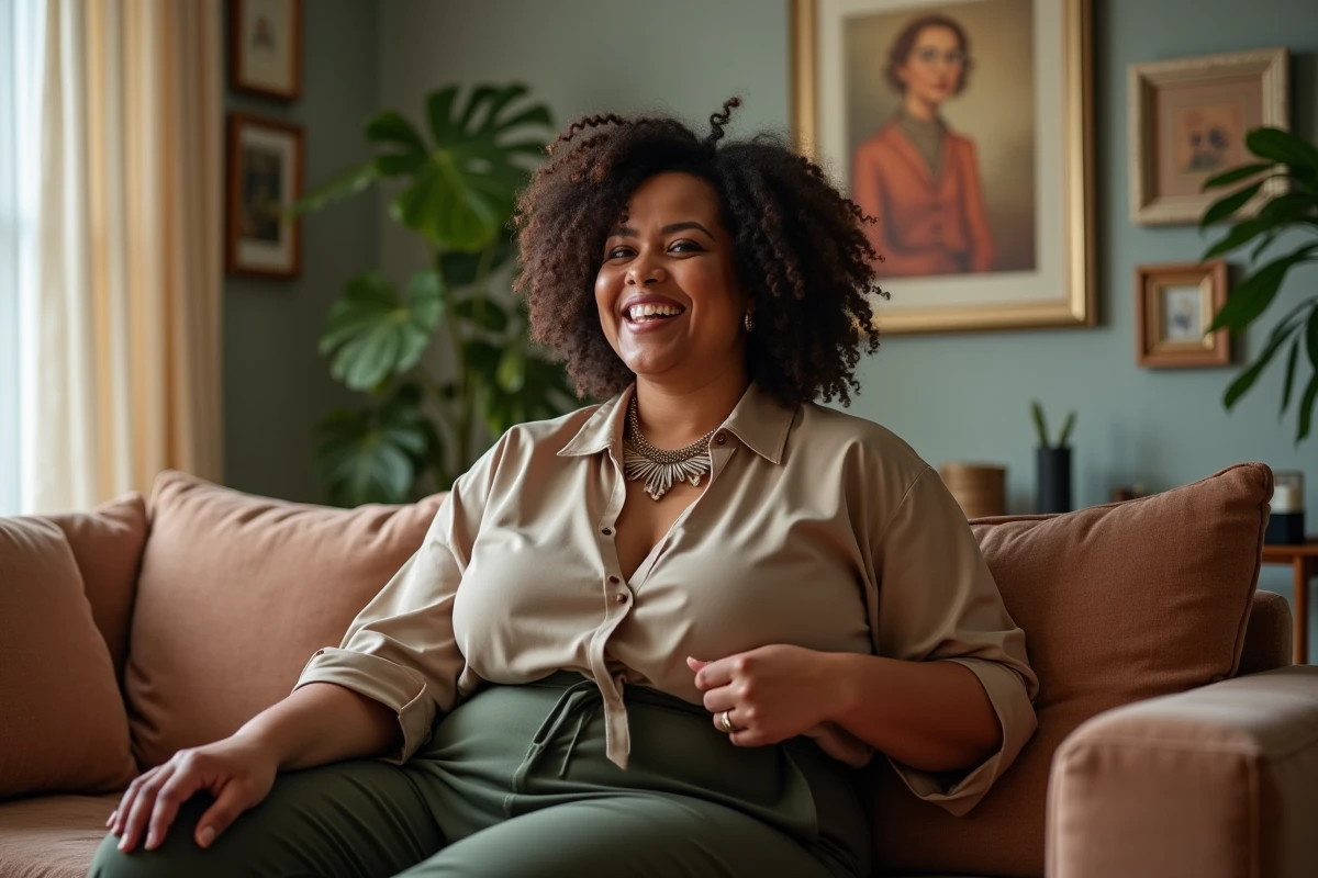 Femme confiante en salon ajustant un collier avec décor chaleureux