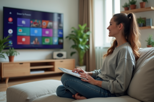 Femme assise sur un canapé utilisant une télé connectée