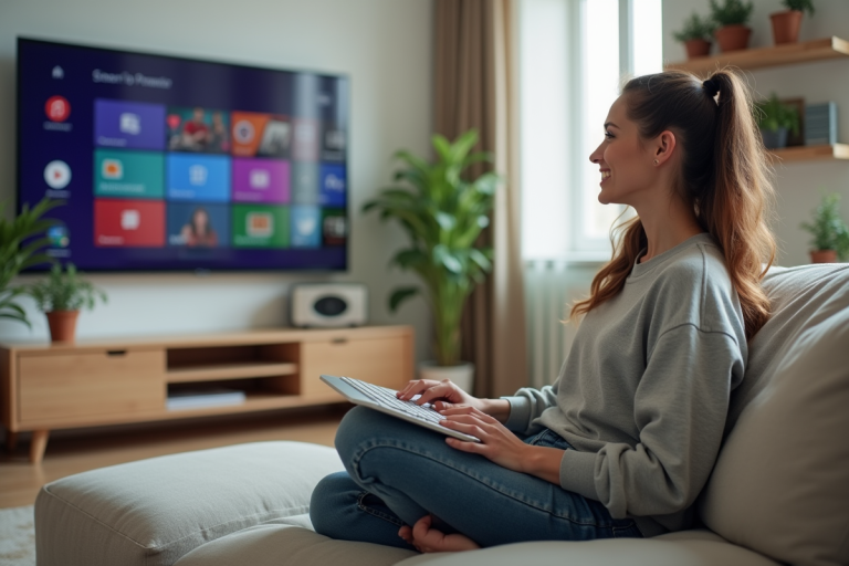 Femme assise sur un canapé utilisant une télé connectée