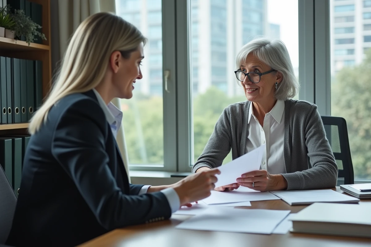 Femme senior discutant avec conseiller dans un bureau lumineux