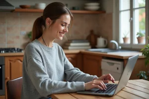 Femme consultant les prix rouges La Redoute sur son ordinateur portable dans une cuisine moderne