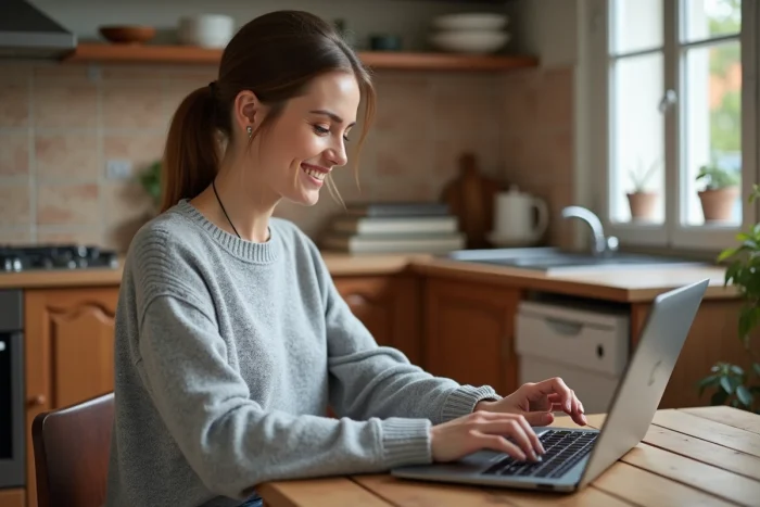 Femme consultant les prix rouges La Redoute sur son ordinateur portable dans une cuisine moderne