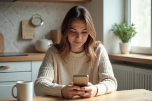 Femme avec smartphone dans une cuisine chaleureuse