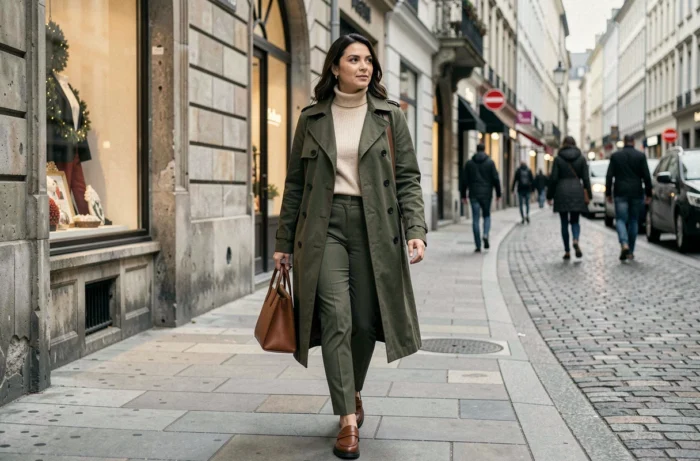 Femme stylée portant un trench coat oversize olive et des accessoires tendance en cuir cognac lors d'une promenade dans une rue pavée européenne