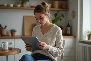 Femme assise à la table avec une tablette dans la cuisine
