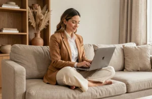 Femme élégante en blazer camel consultant les dernières tendances mode femme sur son ordinateur portable dans un salon scandinave minimaliste
