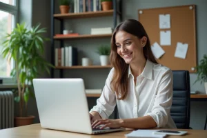 Jeune femme travaillant sur un ordinateur dans un bureau à domicile