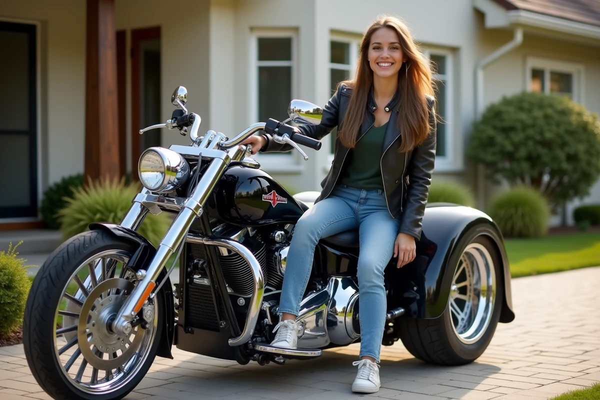 Jeune femme souriante inspectant son trike transformé dans la cour