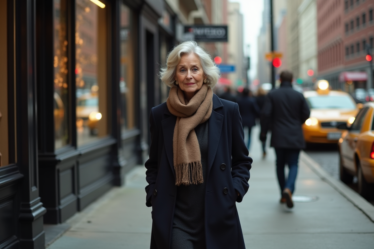 Femme âgée marchant discrètement dans la ville animée