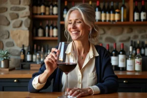 Femme dégustant un vin rouge dans une boutique élégante