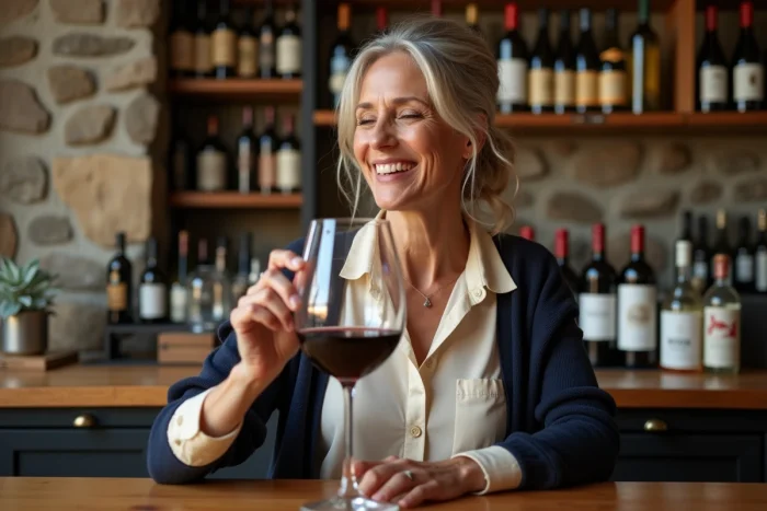Femme dégustant un vin rouge dans une boutique élégante