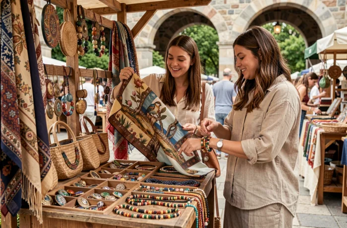 Deux femmes explorant des accessoires de mode sur un marché artisanal avec foulards en soie, bijoux et sacs tressés