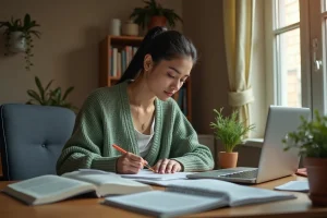 Femme étudiant le diplôme EJE à distance depuis son bureau à domicile avec des manuels et un ordinateur portable