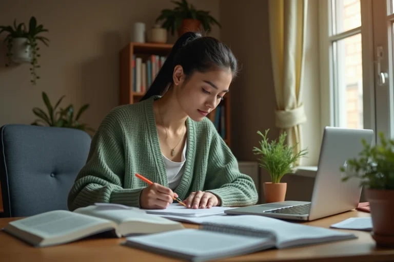 Femme étudiant le diplôme EJE à distance depuis son bureau à domicile avec des manuels et un ordinateur portable