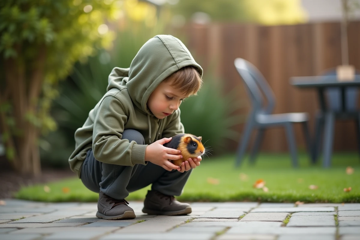 Jeune garçon tenant un cochon d