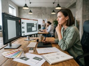 Graphiste travaillant en agence créative entourée de maquettes imprimées et de références couleur sur son bureau en bois