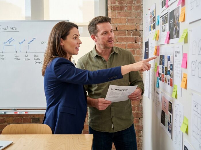 Deux graphistes en agence discutant d'une campagne visuelle devant un mur de maquettes imprimées et de notes créatives