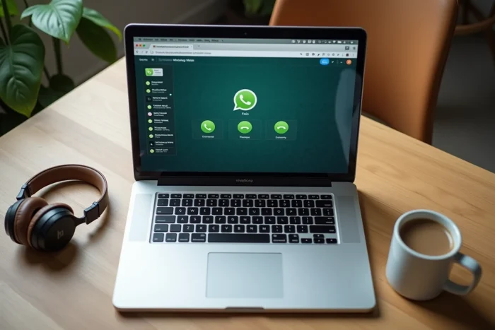 Gros plan sur un navigateur ouvert sur WhatsApp Web avec interface d'appel sur un bureau en bois avec casque audio