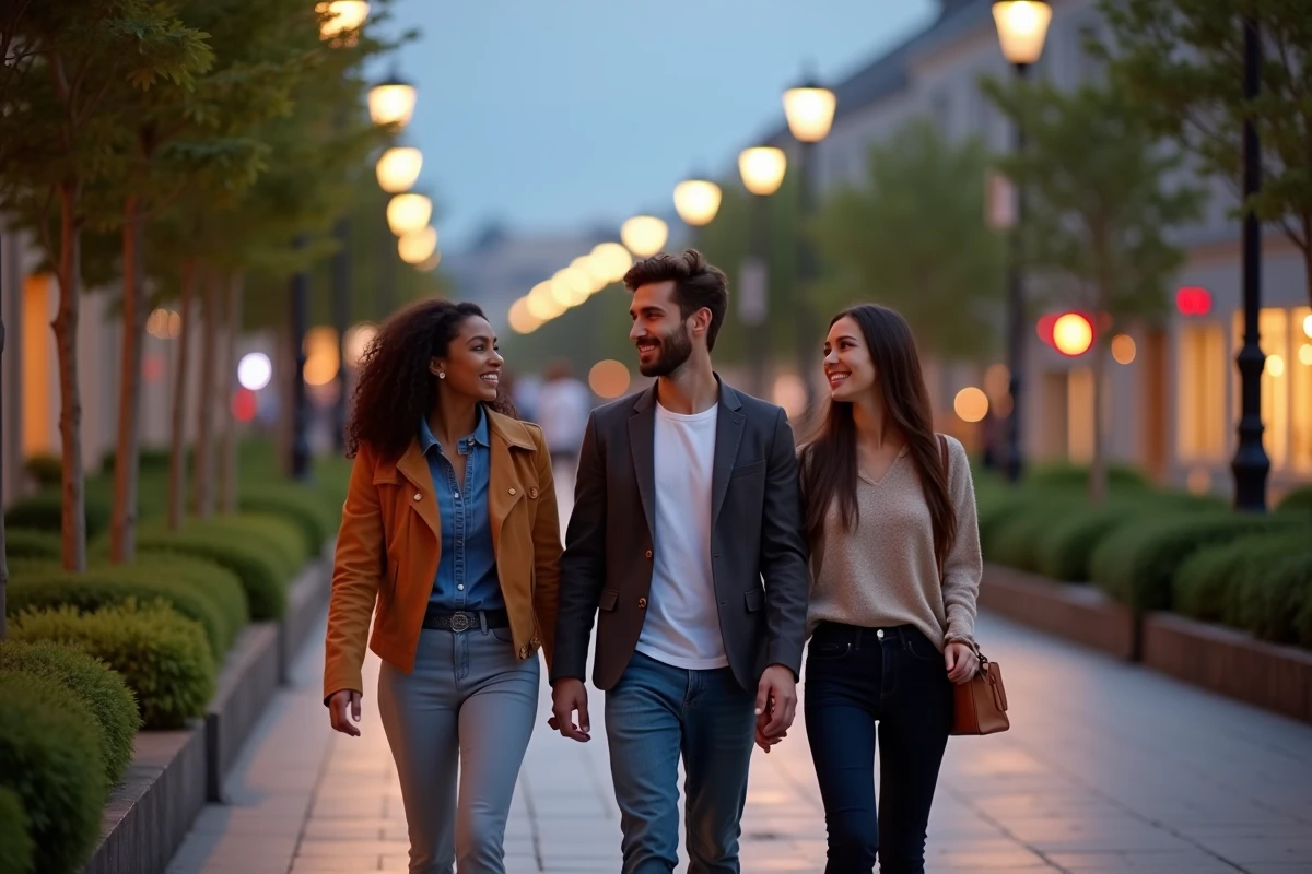Groupe de jeunes adultes marchant sous des lampadaires intelligents au crépuscule