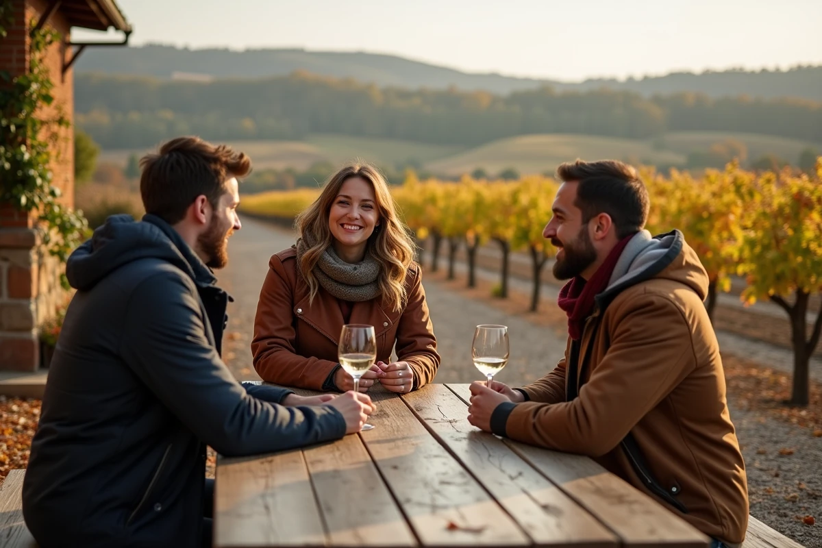 Groupe d amis dégustant du vin en plein air dans un vignoble