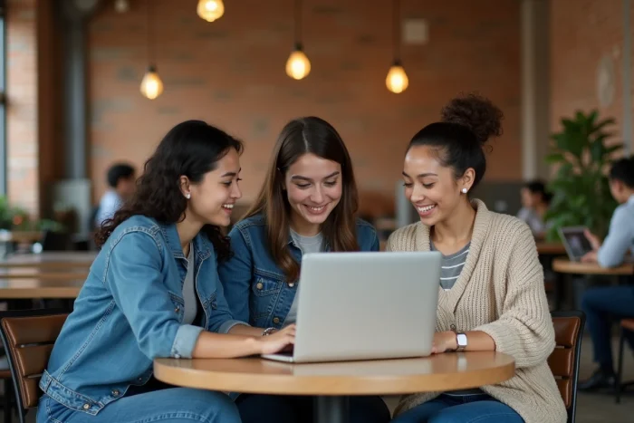 Groupe d'étudiants préparant le diplôme EJE ensemble dans un espace de coworking avec un ordinateur portable