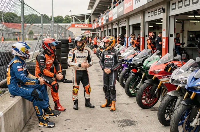 Groupe de motards en pause dans la pit lane lors d'un stage moto vitesse sur circuit professionnel