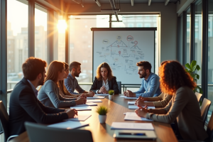 Groupe de professionnels autour d'une table moderne en réunion