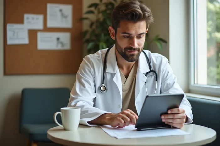 Jeune vétérinaire consultant un guide imprimé pour apprendre à se connecter au logiciel GMVET sur une tablette