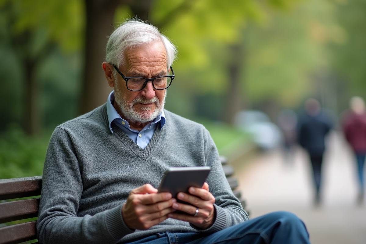 Homme âgé utilisant une tablette dans un parc en plein air